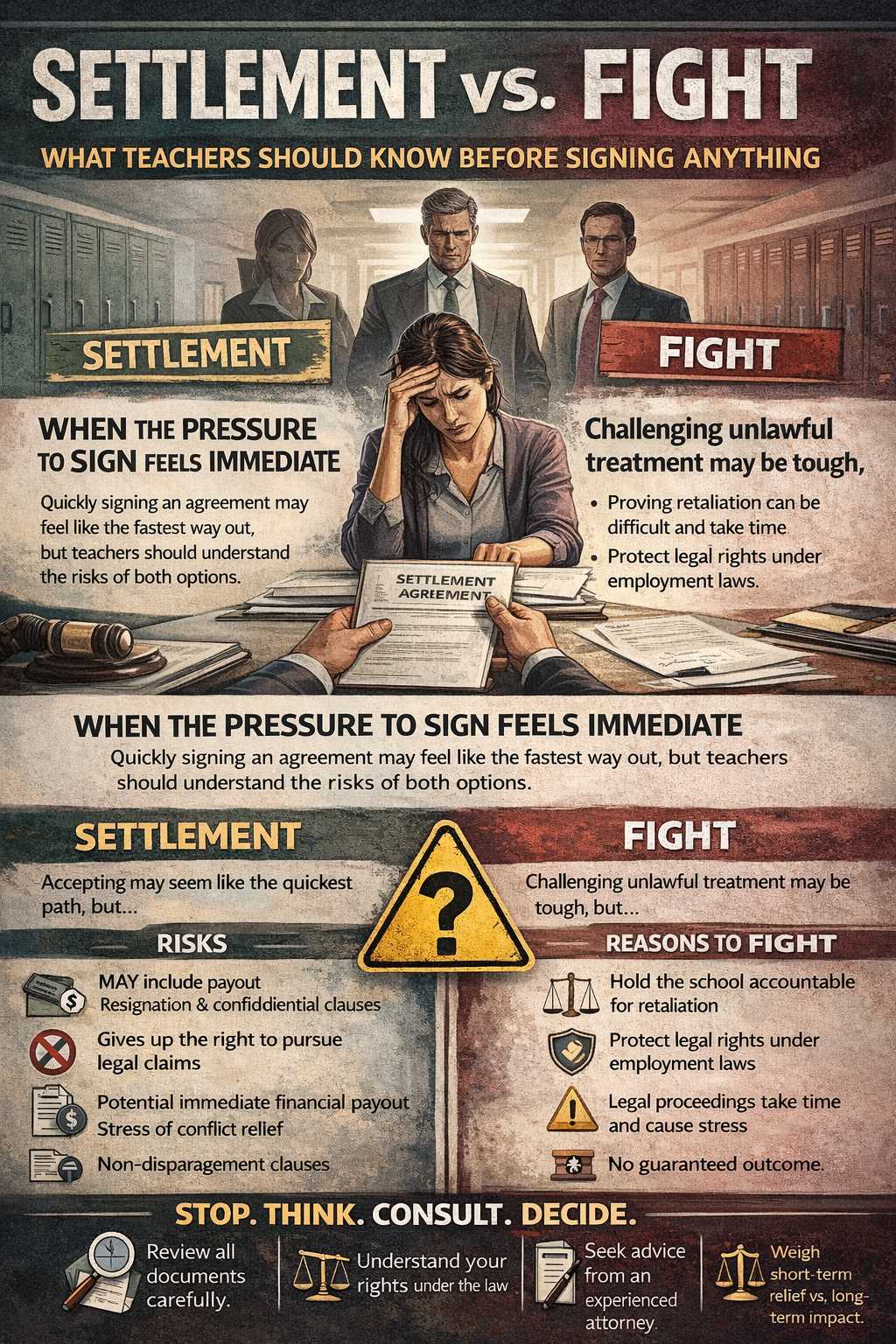 Settlement vs. Fight: What Teachers Should Know Before Signing Anything.” It shows a stressed teacher sitting at a desk reviewing a settlement agreement while administrators stand behind her. The graphic compares two options: settlement and fighting back. The settlement side highlights risks such as giving up legal rights, confidentiality clauses, and short-term financial payouts. The fight side explains pursuing legal action, protecting rights, and holding schools accountable, while noting challenges like time and uncertainty. Additional sections emphasize pressure to sign quickly, the importance of reviewing documents, understanding legal rights, and consulting an attorney before making a decision.
