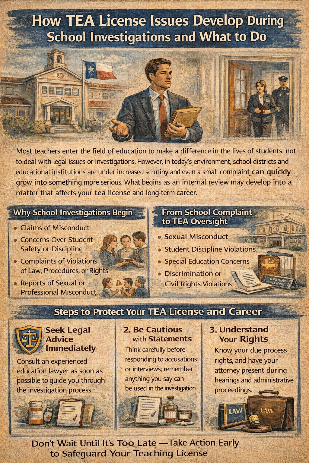 How TEA License Issues Develop During School Investigations and What to Do,” showing a teacher holding documents in front of a school building with the Texas flag, while investigators stand in a doorway nearby. The graphic explains how school investigations can escalate to Texas Education Agency (TEA) involvement, highlighting common triggers such as misconduct claims, student safety concerns, and civil rights violations. It also outlines steps to protect a teaching license, including seeking legal advice early, being cautious during interviews, and understanding due process rights, using icons like legal scales, documents, and briefcases.