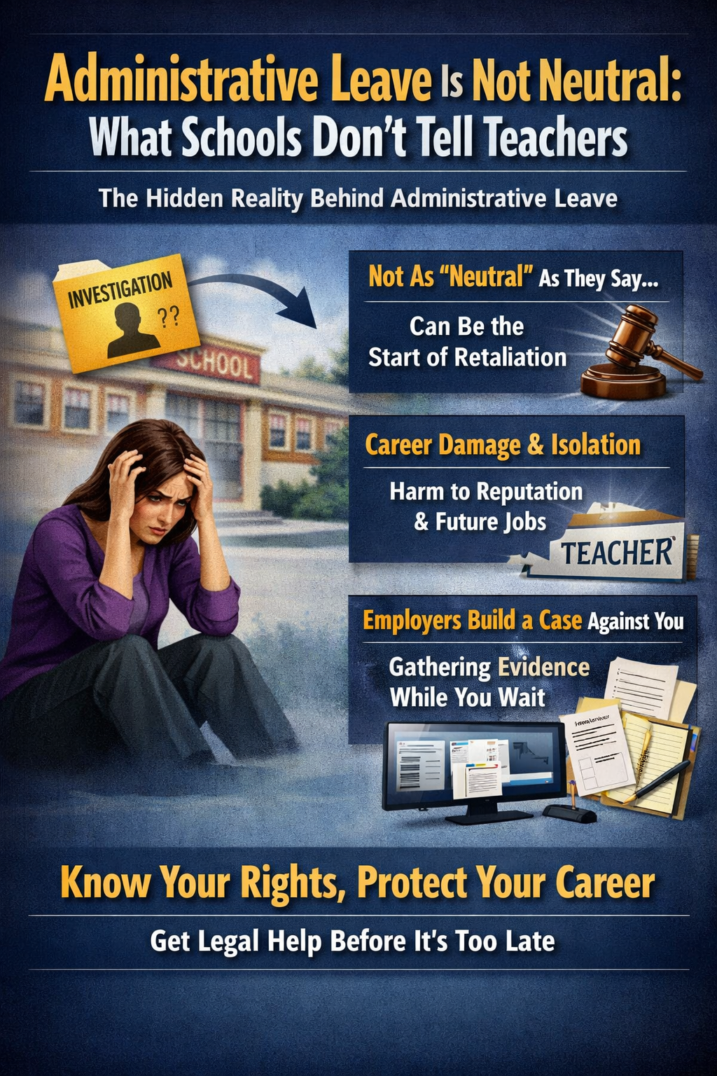Administrative Leave Is Not Neutral: What Schools Don’t Tell Teachers” showing a distressed teacher sitting outside a school while sections explain that administrative leave is not truly neutral, can lead to retaliation, damage careers and reputation, and allows employers to build a case while the employee waits, ending with a call to know your rights and seek legal help.