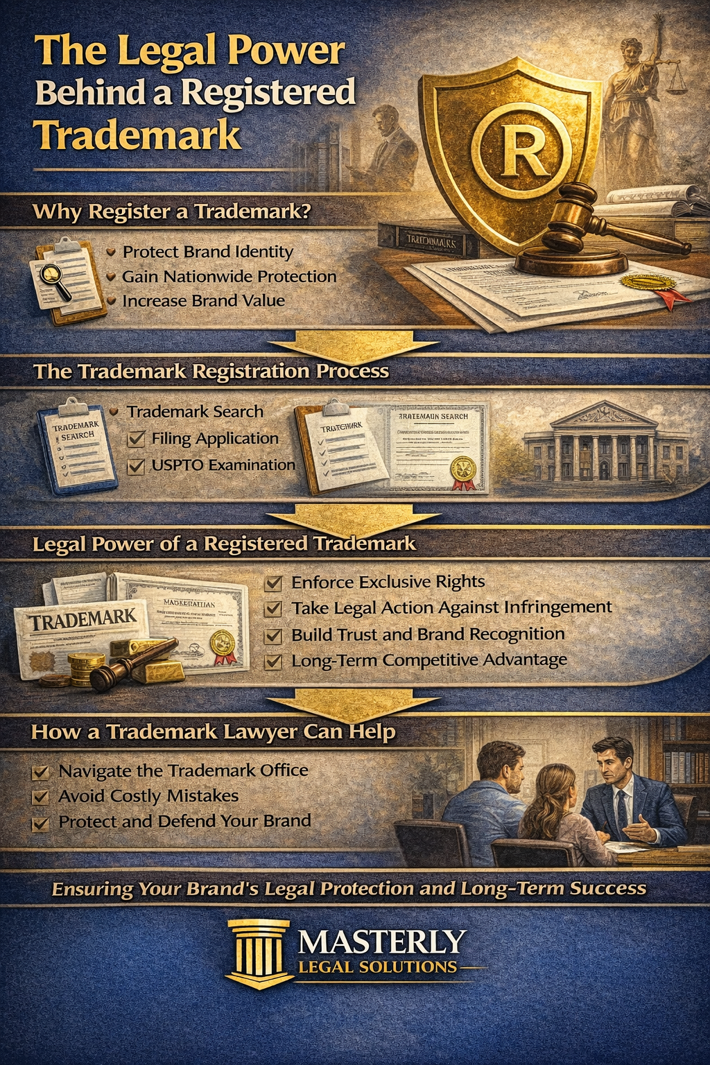 Infographic explaining the legal power of a registered trademark, outlining benefits such as brand protection and nationwide rights, the trademark registration process with the USPTO, and how a trademark lawyer helps enforce rights and prevent infringement.