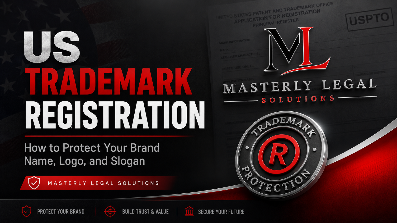 US trademark registration ad with red, black, and white text and a legal logo badge