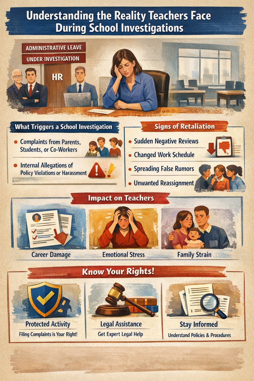 Understanding the Reality Teachers Face During School Investigations,” illustrating a stressed teacher surrounded by documents, a clipboard, and questioning figures, representing workplace investigations, administrative leave, and legal pressure. Sections highlight triggers for investigations, employer roles, retaliation warning signs, and legal protections, with icons depicting scales of justice, warning symbols, and school environments. The overall tone emphasizes the emotional and professional challenges educators face during school investigations.