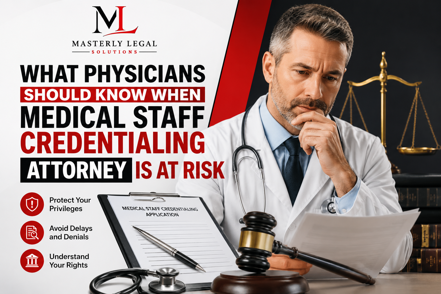 Physician reviewing medical staff credentialing documents with legal counsel