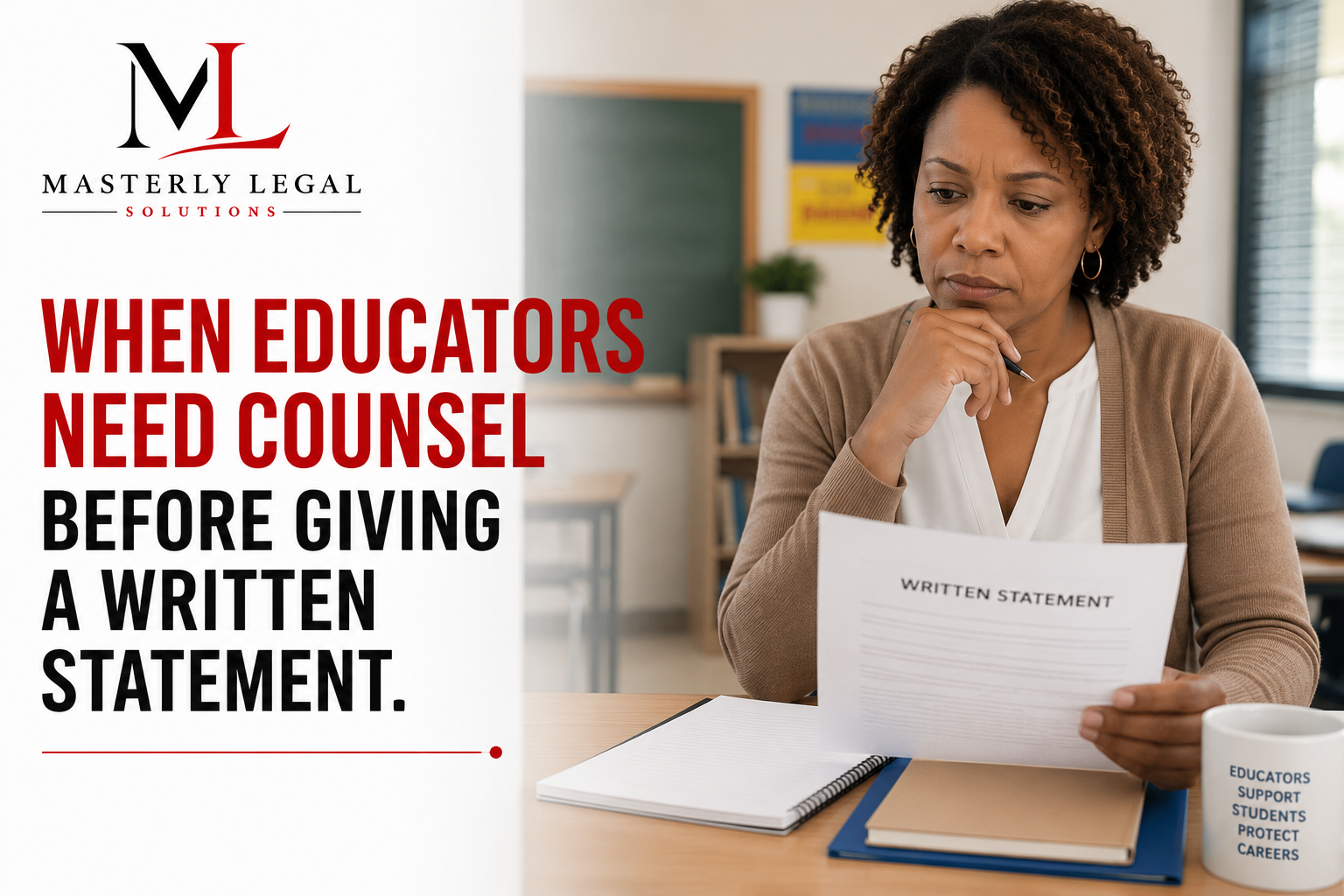 Education law attorney reviewing a teacher's written statement before submission