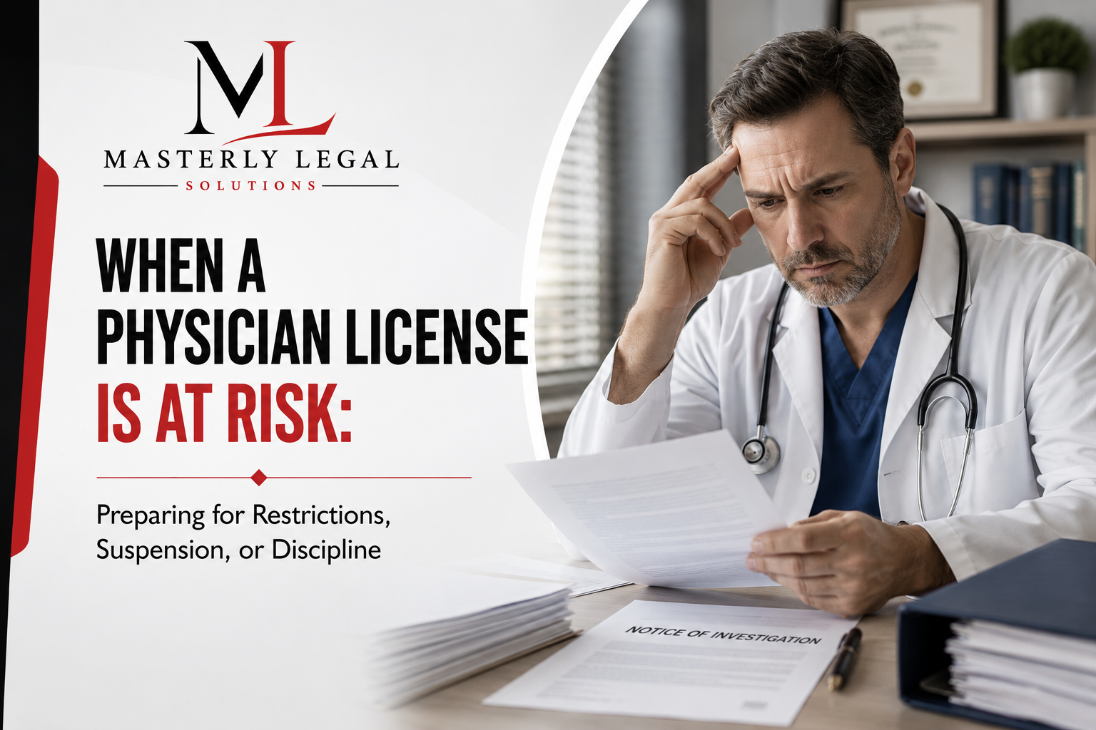 Physician license defense attorney reviewing disciplinary notice
