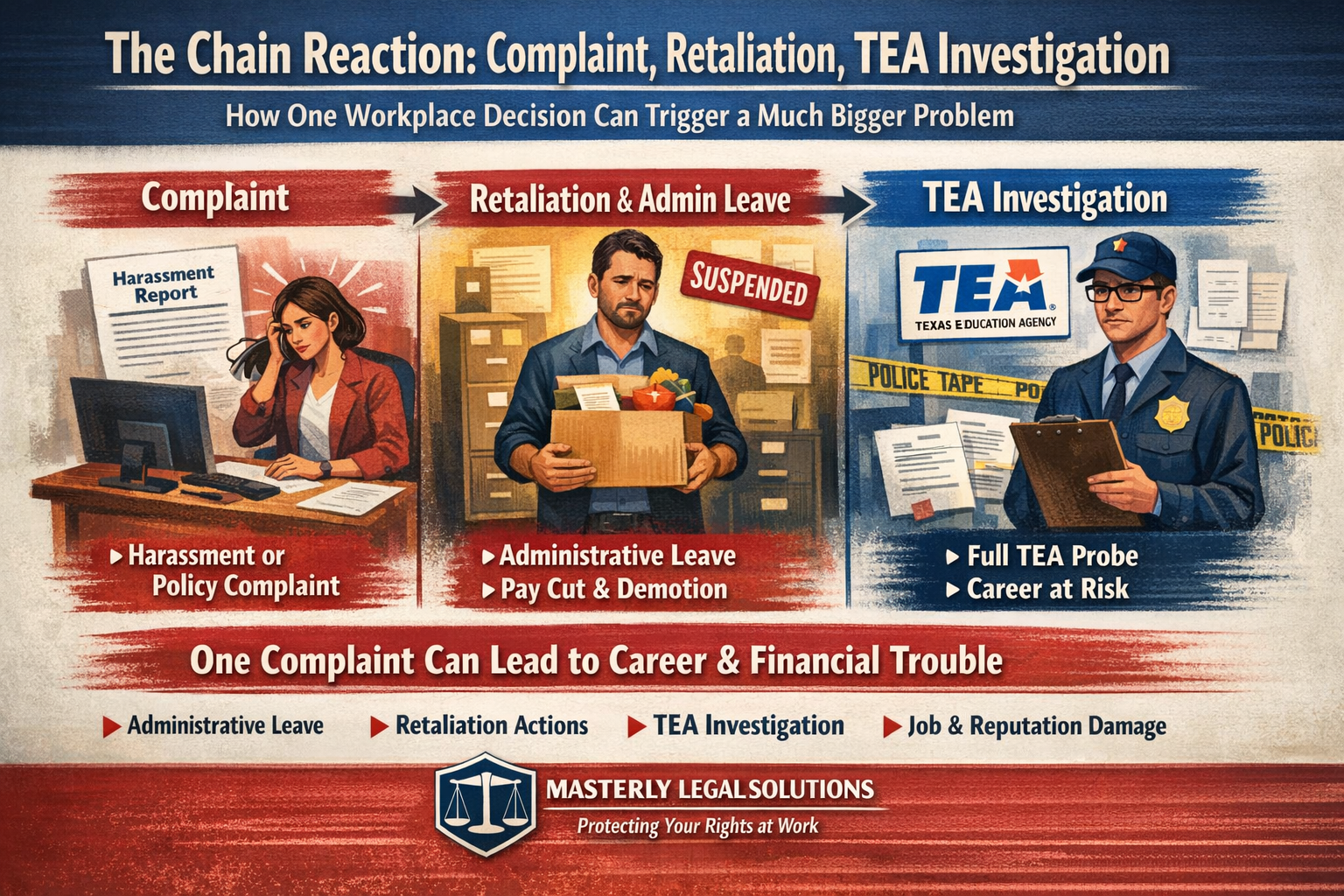The Chain Reaction: Complaint, Retaliation, TEA Investigation” showing a three-step progression in the workplace. The first panel, labeled “Complaint,” depicts an employee at a desk reviewing a harassment report, representing a workplace complaint. An arrow leads to the second panel, “Retaliation & Admin Leave,” where a distressed employee holds a box of belongings with a “Suspended” sign, symbolizing administrative leave, pay cuts, or demotion. Another arrow points to the third panel, “TEA Investigation,” showing an official reviewing documents near a Texas Education Agency (TEA) sign and police tape, indicating a formal investigation and career risk. A banner at the bottom reads, “One Complaint Can Lead to Career & Financial Trouble,” highlighting consequences such as administrative leave, retaliation actions, TEA investigation, and job and reputation damage. The footer includes the Masterly Legal Solutions logo and tagline, “Protecting Your Rights at Work.