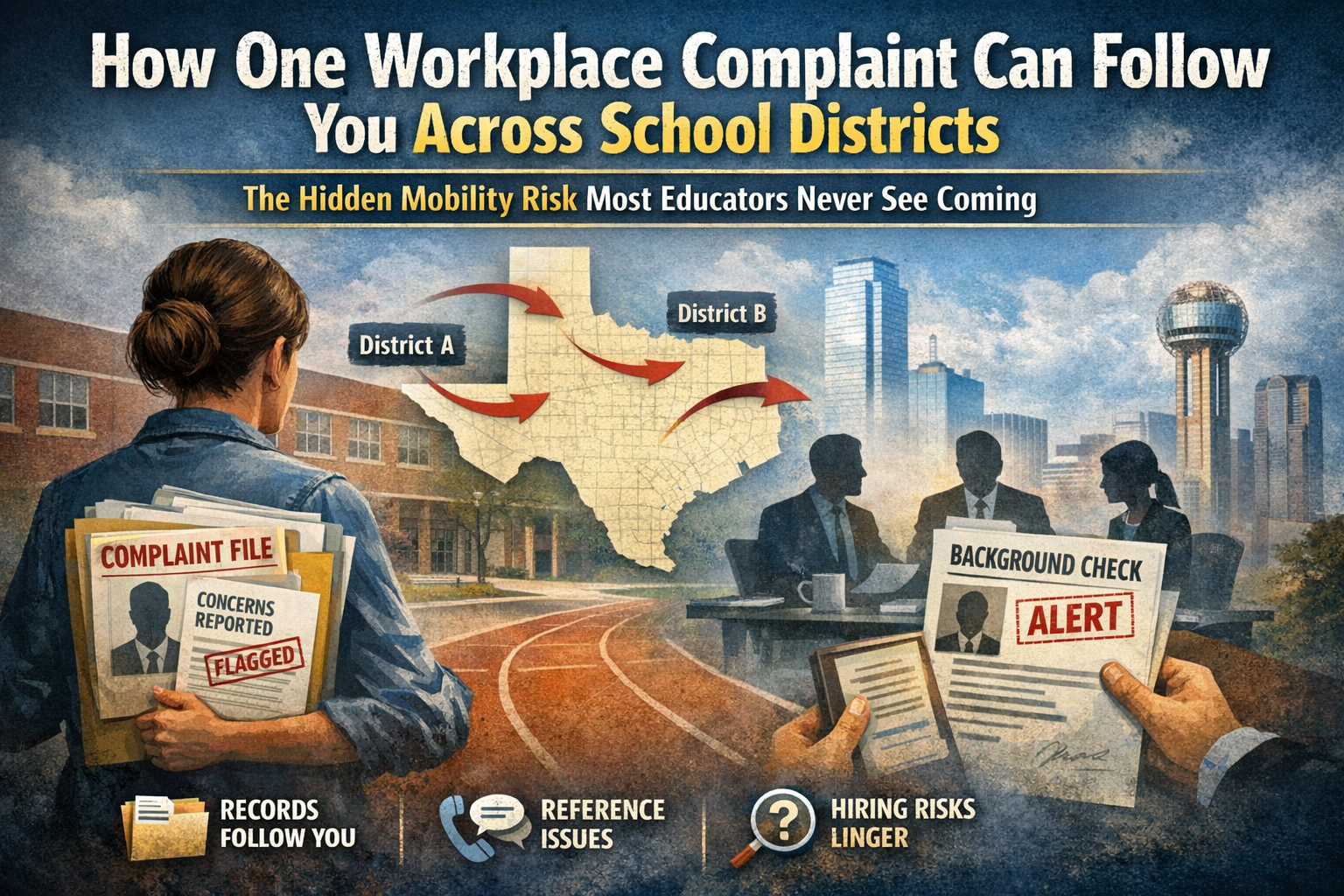 Illustration showing an educator holding a flagged complaint file while moving between school districts on a Texas map, with arrows connecting districts and highlighting how workplace complaints can follow employees. In the background, a hiring panel reviews documents labeled “background check alert,” emphasizing risks like records following you, reference issues, and ongoing hiring concerns.