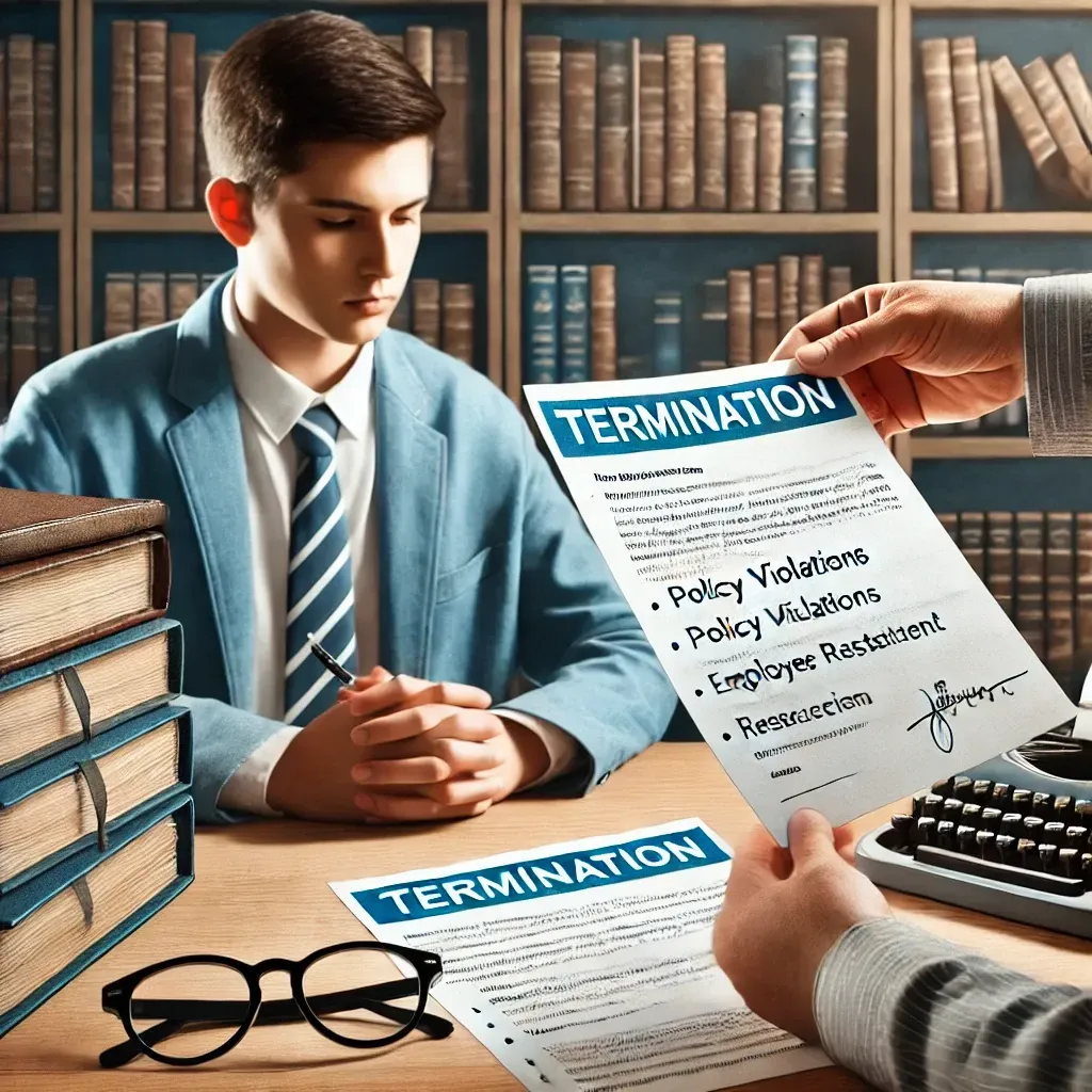 An office setting where an employee is receiving a termination notice from a university official. The termination document and employee policies are visible, with academic books and student handbooks in the background, symbolizing the educational environment. A higher education attorney is advising the employee, emphasizing the legal considerations around wrongful termination and policy violations.