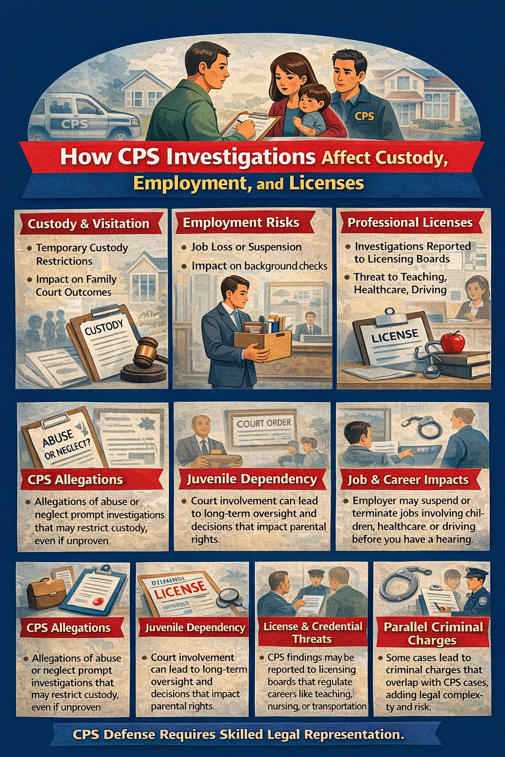 How CPS Investigations Affect Custody, Employment, and Licenses,” showing a CPS caseworker speaking with parents and a child, with illustrated sections explaining how CPS investigations can impact custody and visitation, lead to juvenile dependency and court involvement, affect employment and background checks, and trigger investigations by professional licensing boards, highlighting the broad legal and personal consequences of CPS involvement.
