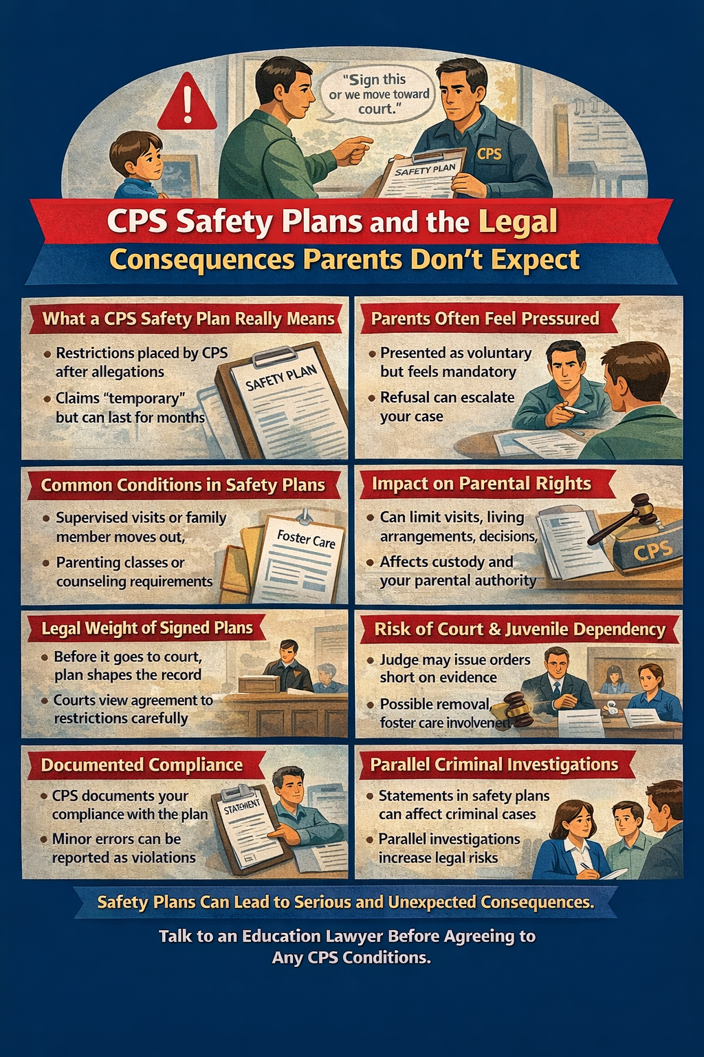 CPS Safety Plans and the Legal Consequences Parents Don’t Expect,” illustrating a CPS caseworker presenting a safety plan to parents, with labeled sections explaining what CPS safety plans mean, the pressure to sign them, common plan conditions, how they affect parental rights and custody, the risk of court involvement and juvenile dependency, documentation of compliance, and the importance of consulting an attorney before agreeing to any CPS safety plan.
