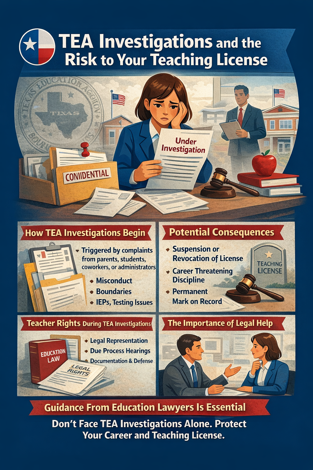 Warning Signs of Retaliation at Work After Reporting Misconduct in Schools,” showing icons and labeled sections that illustrate common retaliation behaviors such as sudden changes in job duties, unjustified transfers, increased supervision, negative performance reviews, exclusion from meetings, reduced hours or pay, denial of promotions, hostile treatment, unfair disciplinary actions, workplace isolation, and retaliation following medical or protected leave, presented in a professional school-themed color palette.
