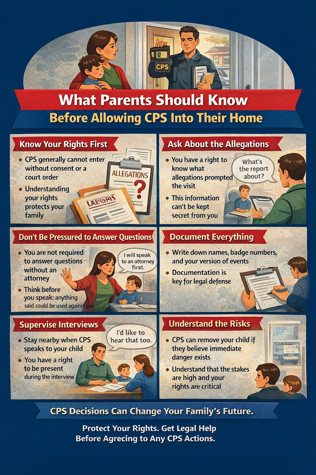 What Parents Should Know Before Allowing CPS Into Their Home,” showing a CPS caseworker at the door with a parent and child, alongside illustrated sections explaining parental rights, consent versus court orders, asking about allegations, limiting answers without an attorney, documenting interactions, supervising child interviews, and understanding the risks of CPS investigations on family life.