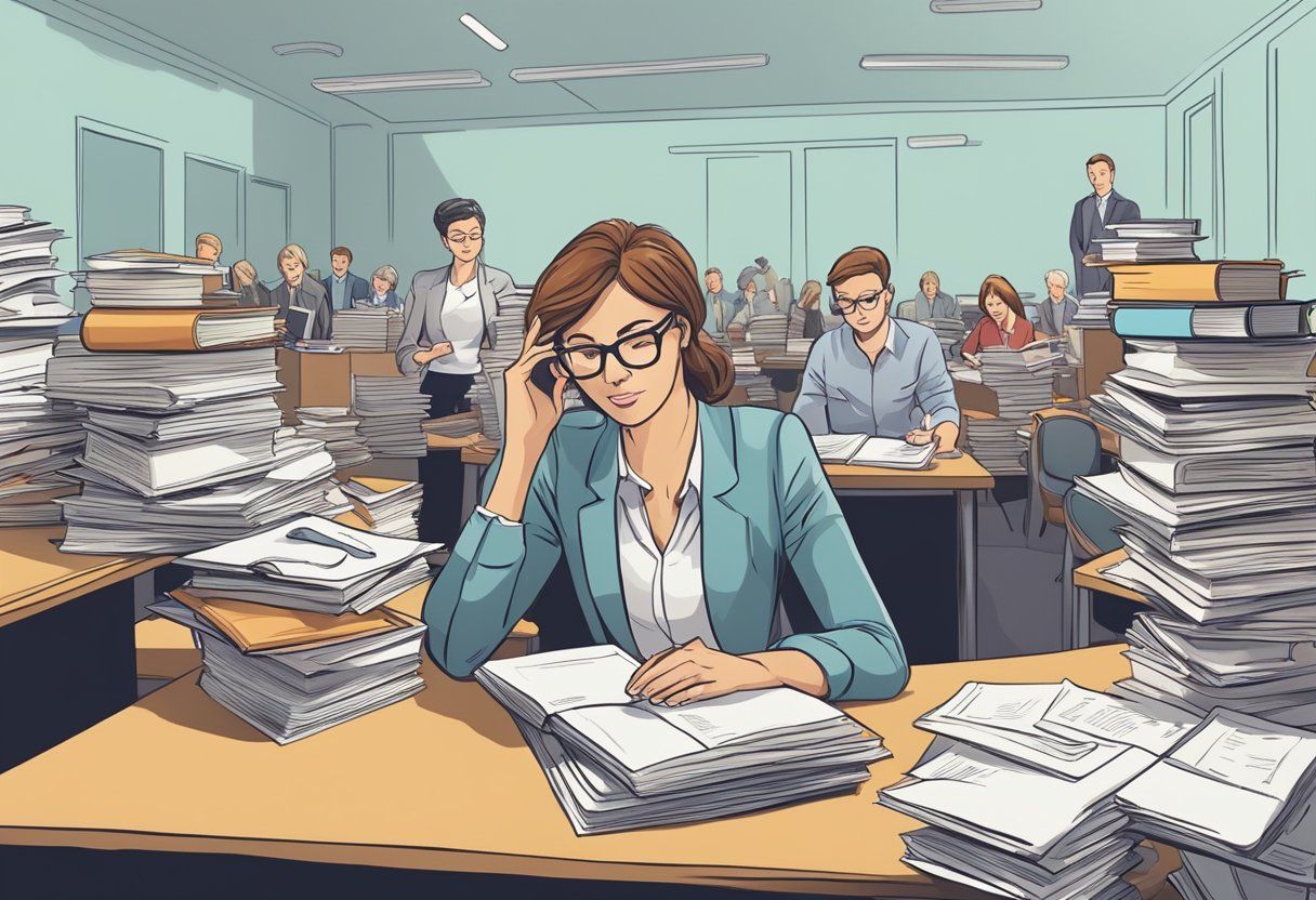 Illustration of a stressed teacher sitting at a desk surrounded by red flags, documents, and a gavel, symbolizing legal danger and investigation pressure. Dark tones and school-related icons represent TEA investigation warning signs and the need for retaliation attorneys. The imagery conveys urgency, workplace conflict, and escalating administrative scrutiny faced by educators.