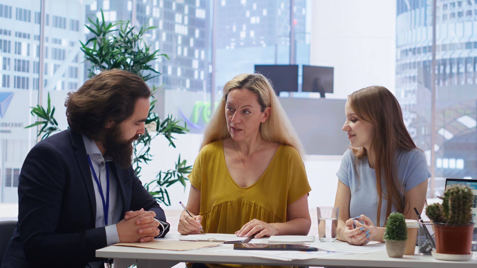 An illustration showing a diverse family meeting with an experienced attorney in a modern office, reviewing legal documents with a background graphic of a family tree and legal icons symbolizing legacy and personalized estate planning.