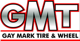 Logo for Gay Mark Tire & Wheel, with silver letters GMT outlined in red, and the company name below in black text.