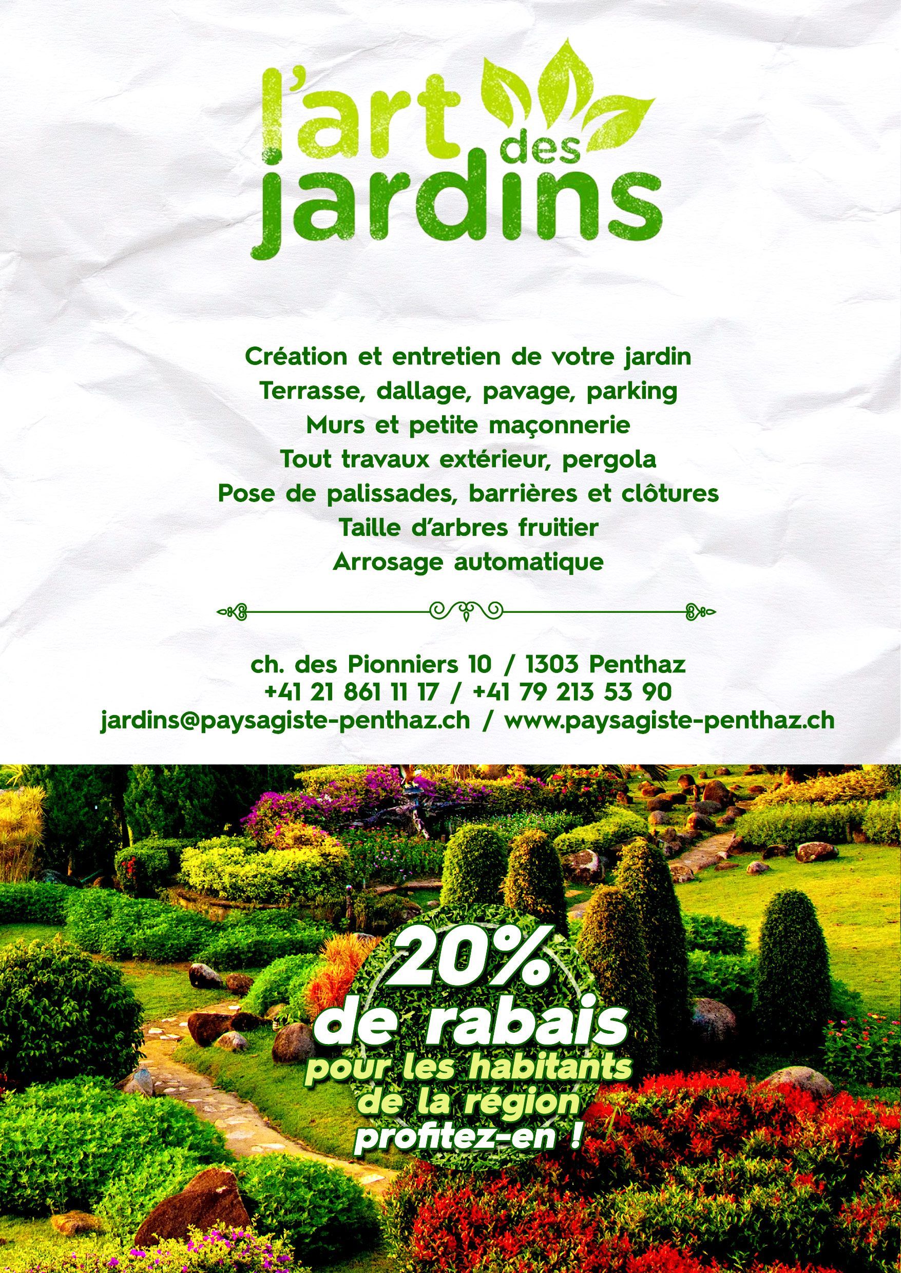 Publicité pour une entreprise d'aménagement paysager avec photo de jardin et texte, incluant une offre de réduction de 20 %.
