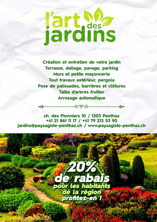 Publicité pour une entreprise d'aménagement paysager avec photo de jardin et texte, incluant une offre de réduction de 20 %.