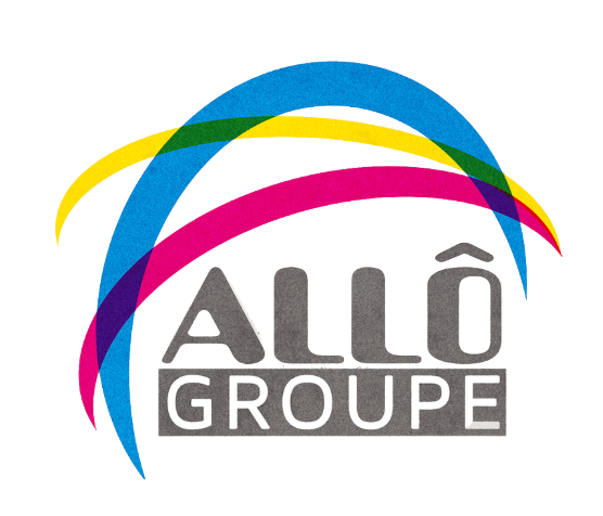Logo d'Allo Groupe avec des arcs colorés superposés au-dessus du texte.