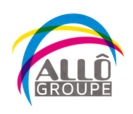 Logo d'Allo Groupe avec des arcs colorés superposés au-dessus du texte.