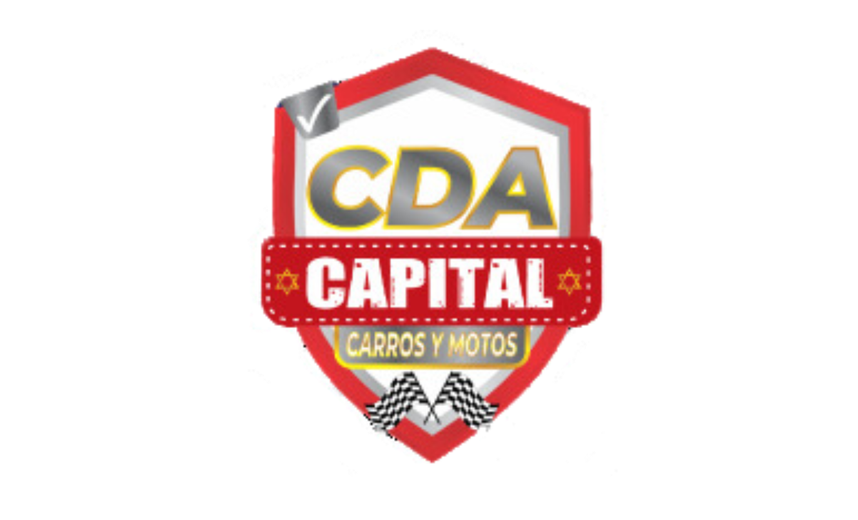 Logotipo para CDA Capital: Escudo rojo con "CDA CAPITAL" en amarillo y rojo, "CARROS Y MOTOS" debajo, banderas a cuadros.
