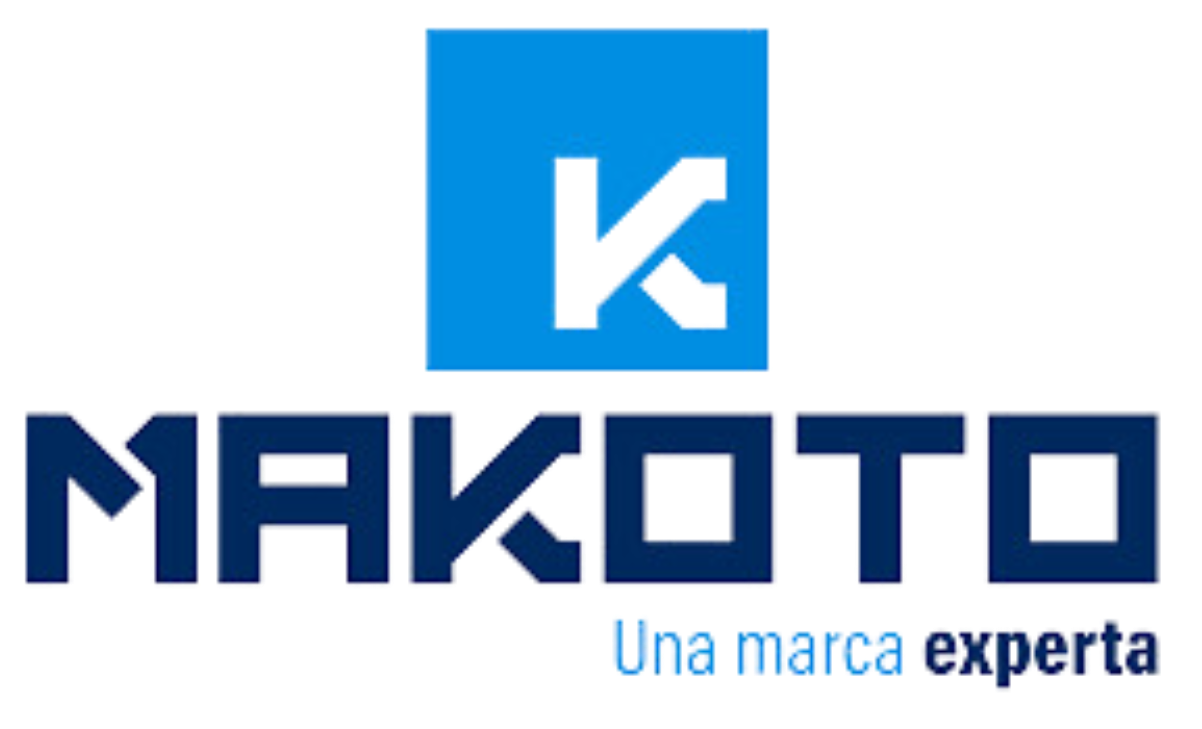 Logotipo para Makoto: cuadrado azul con "K" blanca, texto azul en negrita "MAKOTO" y lema "Una marca experta".
