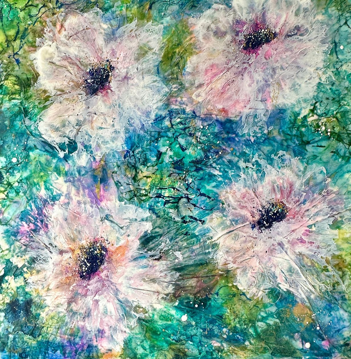 A painting of white flowers on a blue and green background