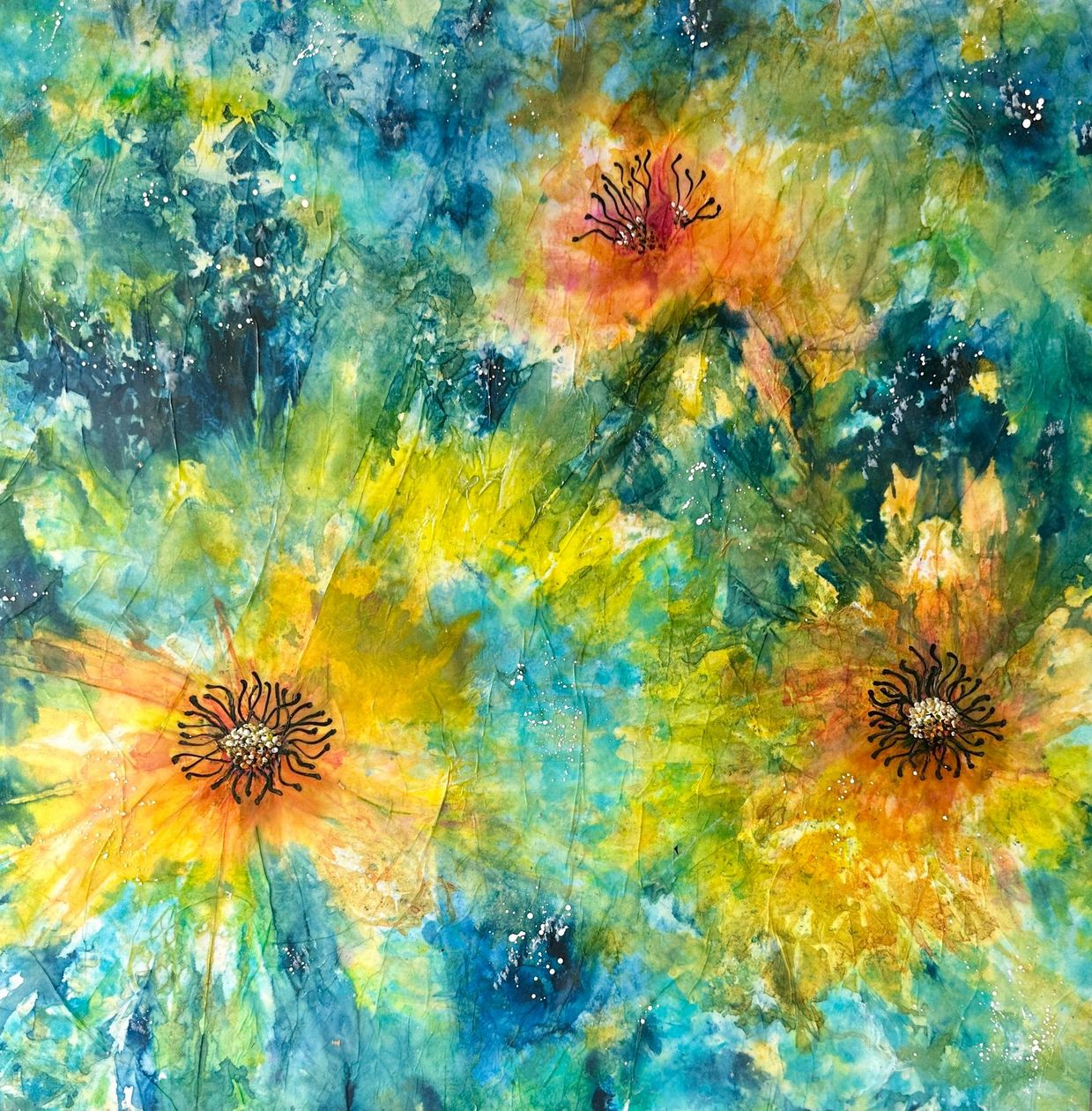 A painting of yellow and blue flowers on a blue background