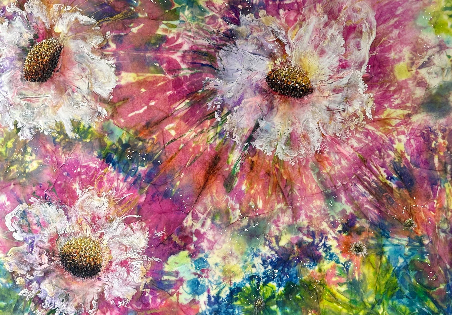 A painting of pink and white daisies on a colorful background.