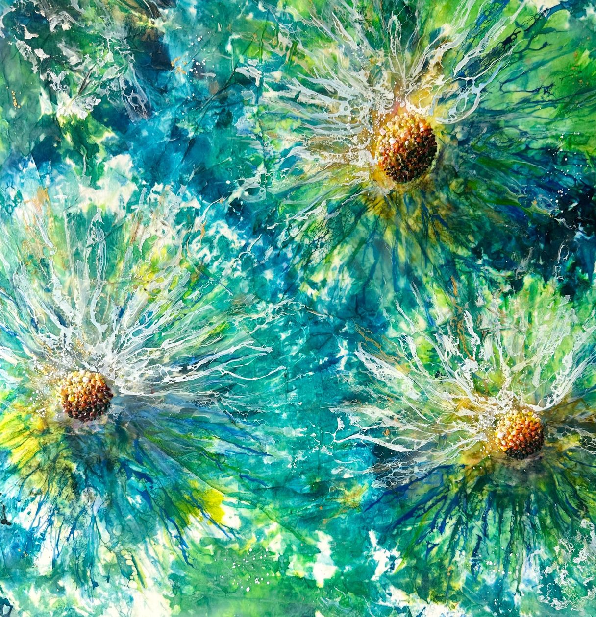 A painting of a bunch of flowers on a blue and green background.