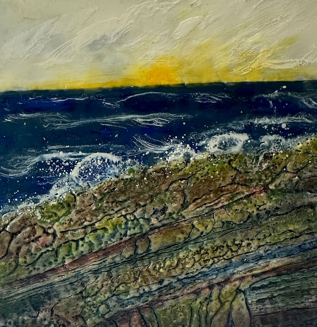 A painting of waves crashing against a rocky shoreline
