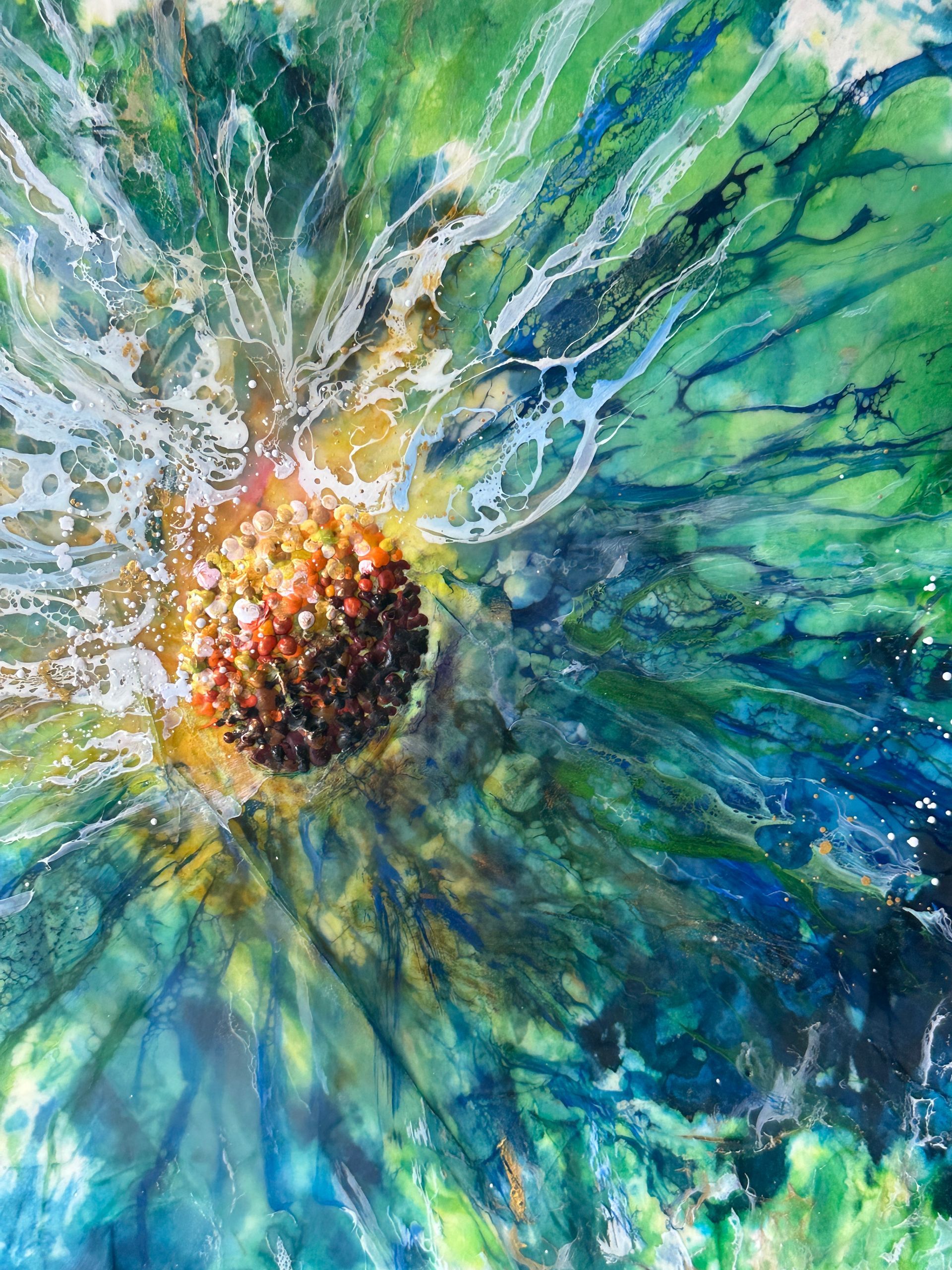 A painting of a bunch of flowers on a blue and green background.