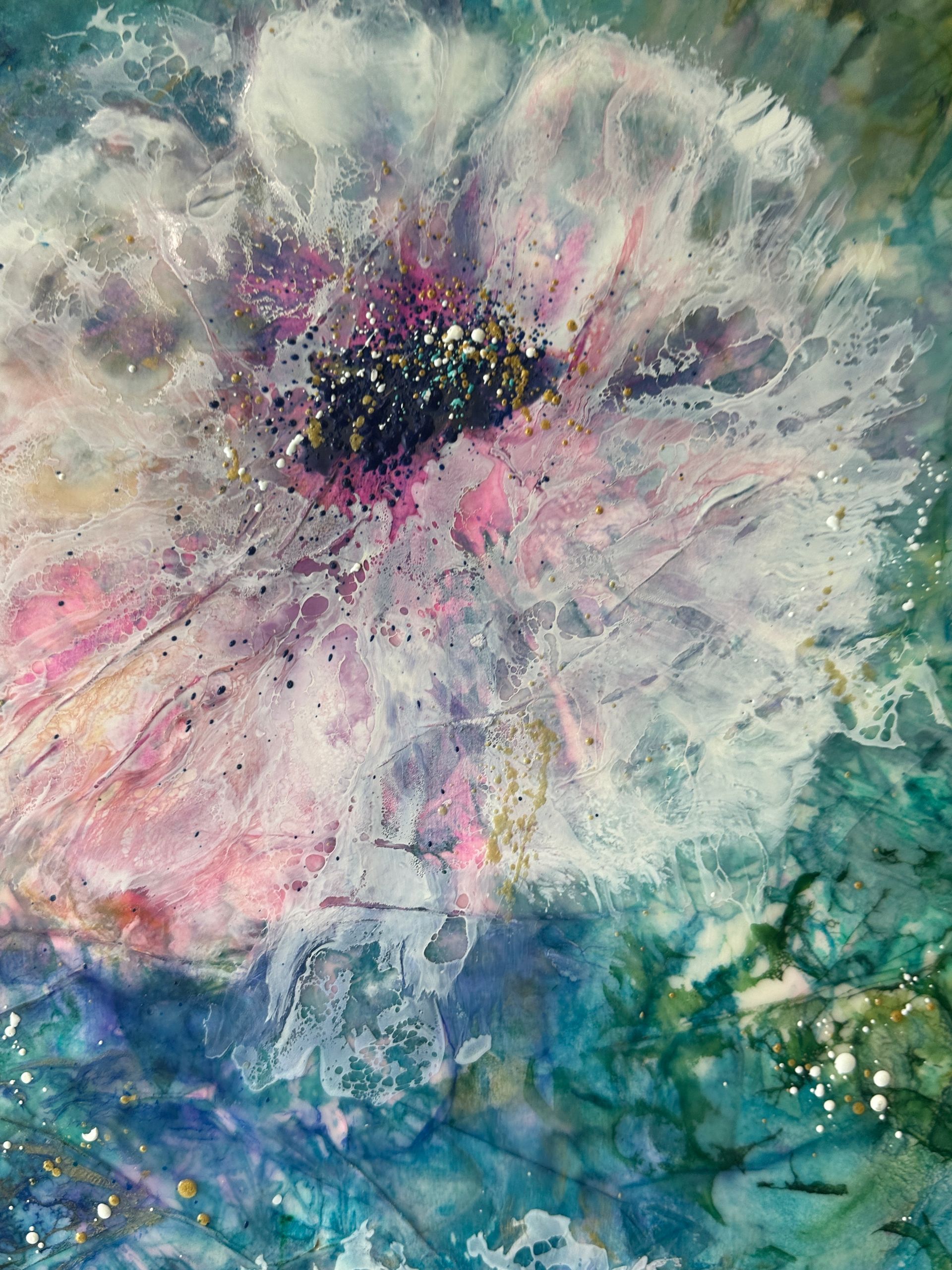 A painting of white flowers on a blue and green background