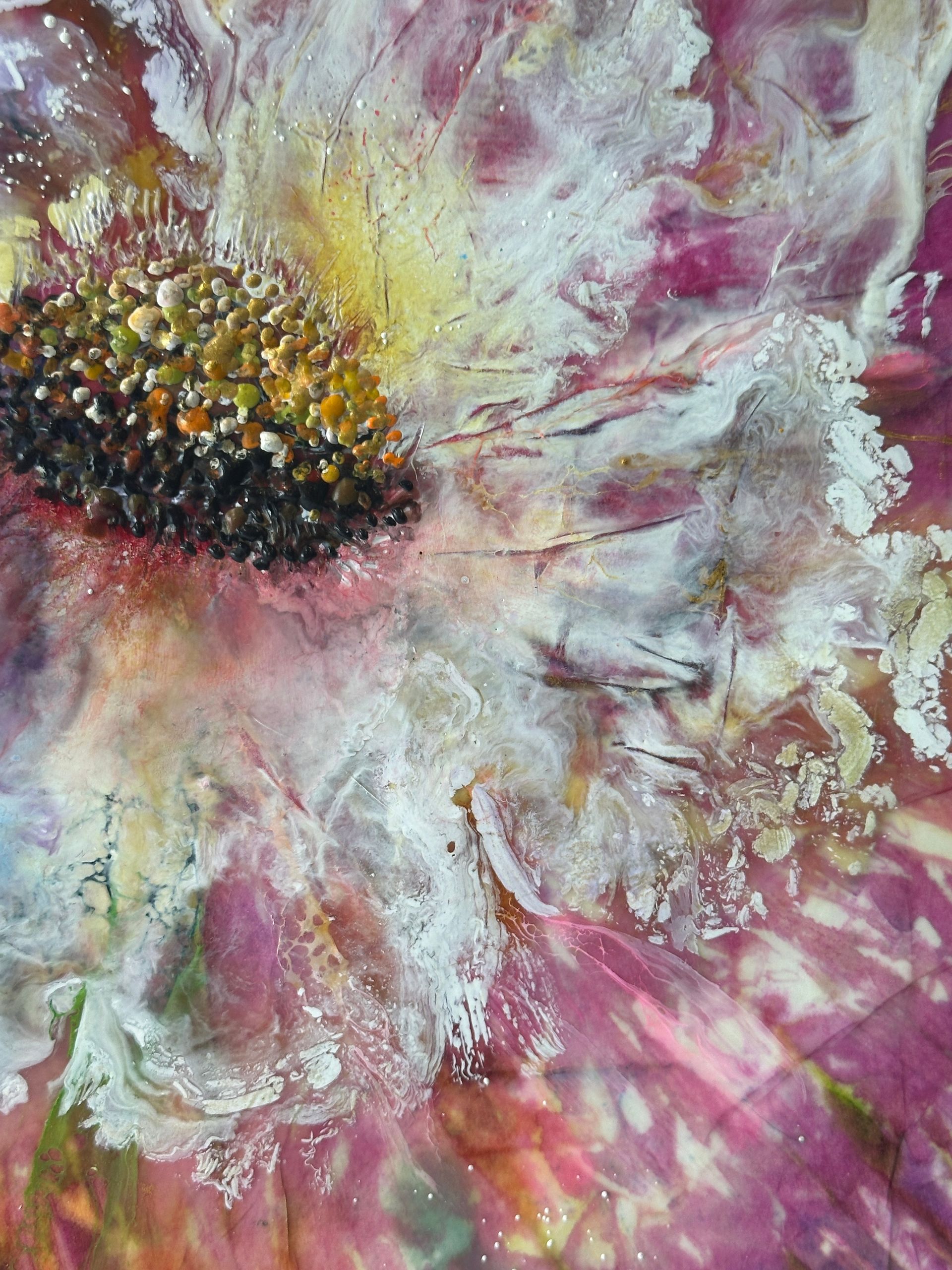 A painting of pink and white daisies on a colorful background.