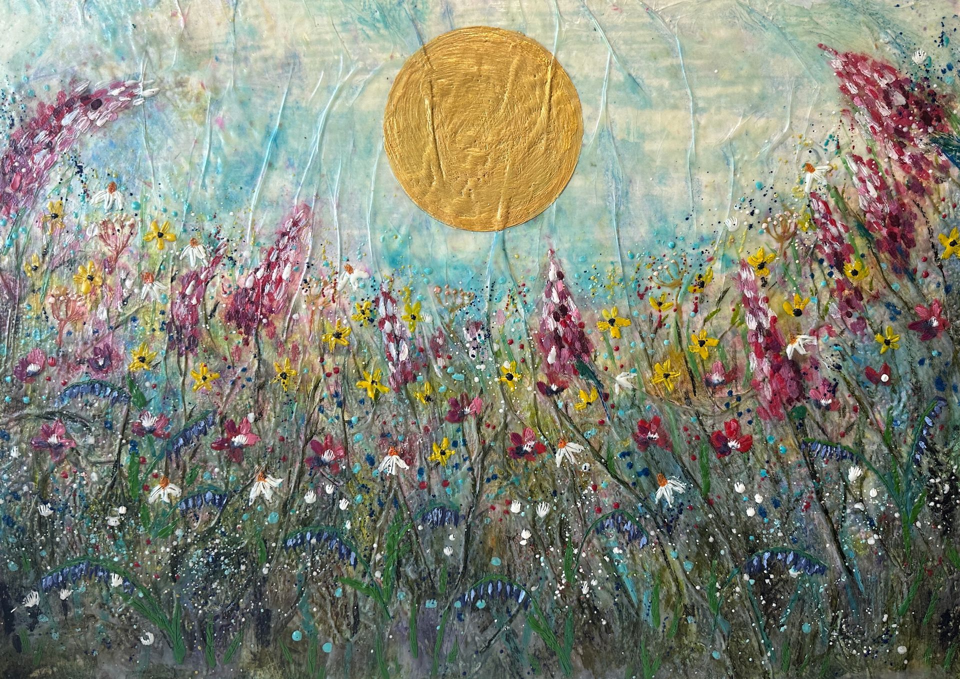 A painting of a field of flowers with a sun in the background.