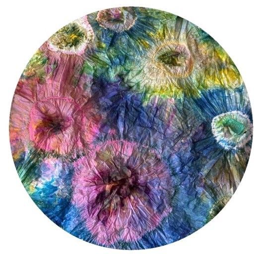 A painting of flowers in a circle on a white background