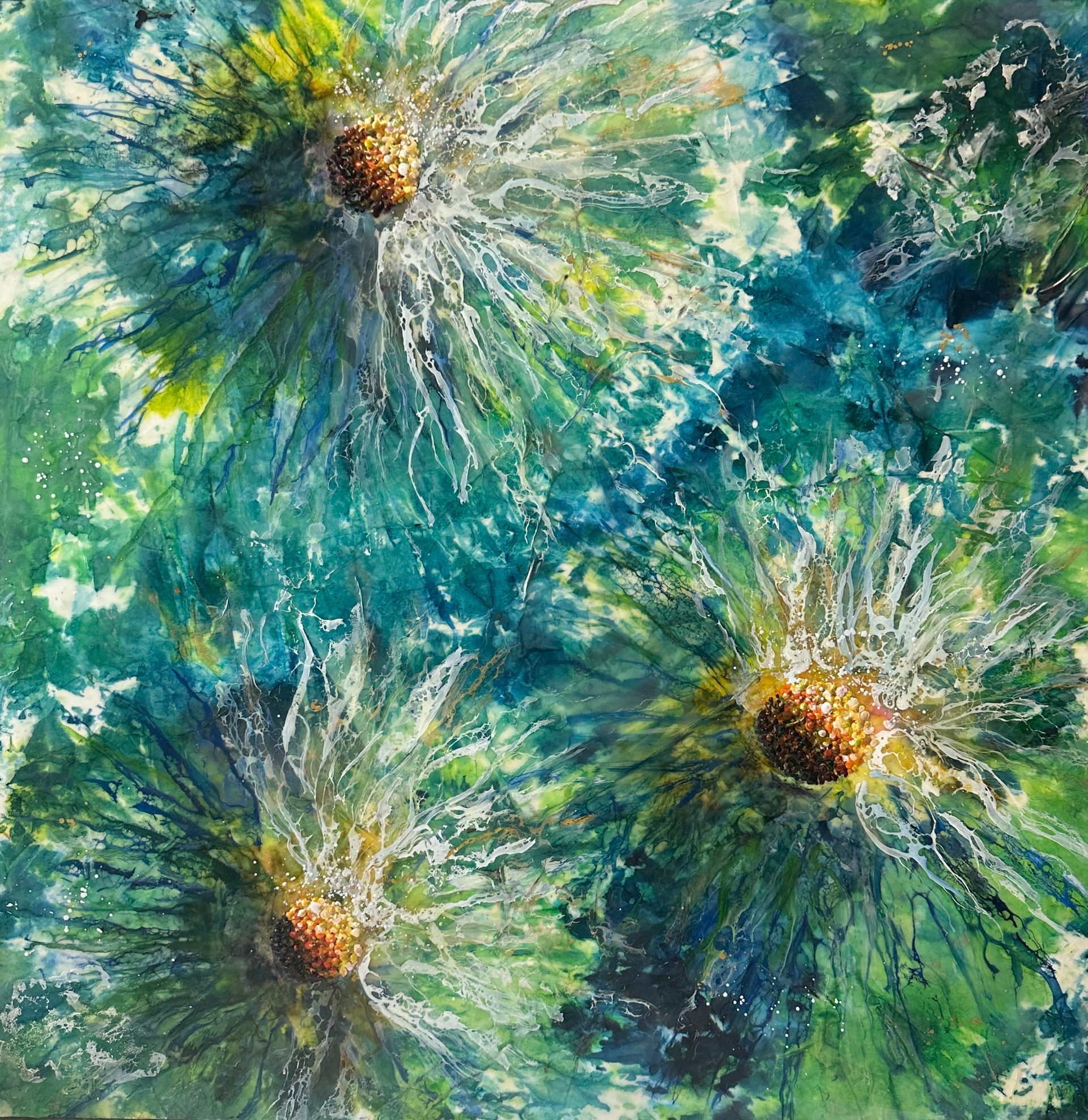 A close up of a painting of three flowers on a green background.