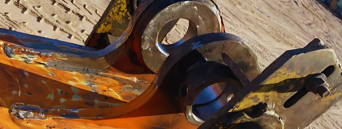 Primer plano de piezas de maquinaria pesada, con grandes bucles de metal y pintura naranja.