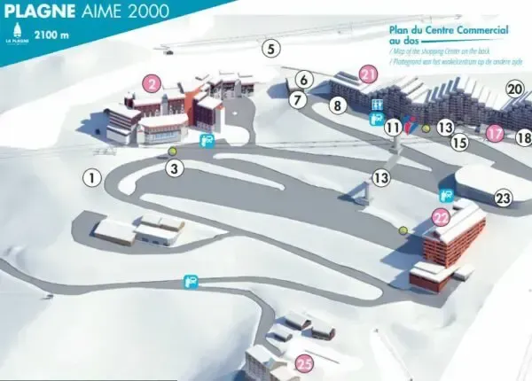 A map of a ski resort called plagne aime 2000