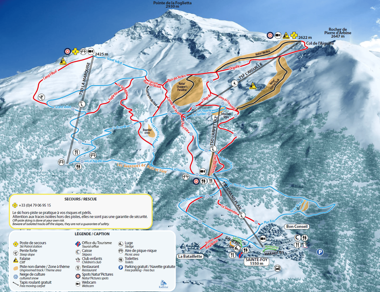 The piste map for the Sainte Foy ski resort showing the different ski runs