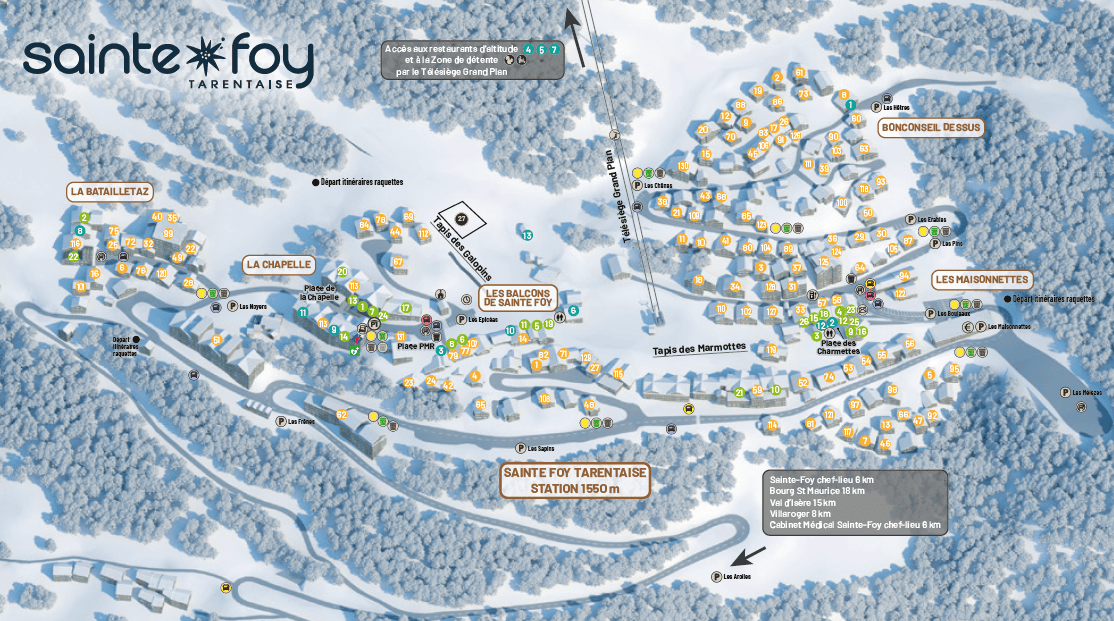 The resort map for the Sainte Foy ski resort showing the different accommodations and resort's facilities