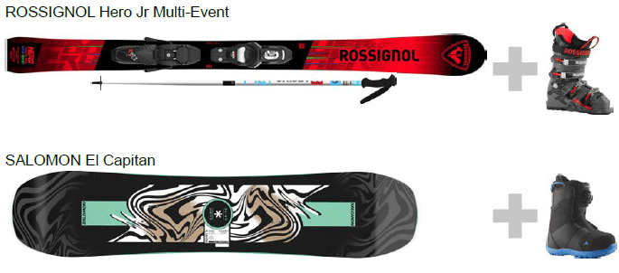 An image of  kids skis and ski boots and kids snowboard and boots from the SKiSET rental shop.