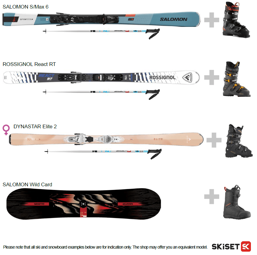An image of 3 pairs of skis and ski boots and a snowboard with boots from the SKiSET rental shop.