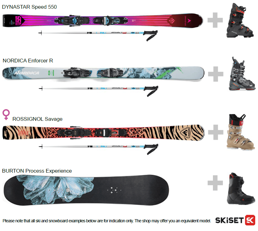 An image of 3 pairs of skis and ski boots and a snowboard with boots from the SKiSET rental shop.