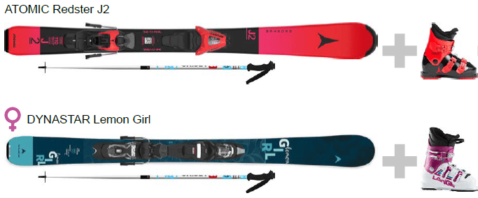 An image of 2 pairs of kids skis and ski boots from the SKiSET rental shop.