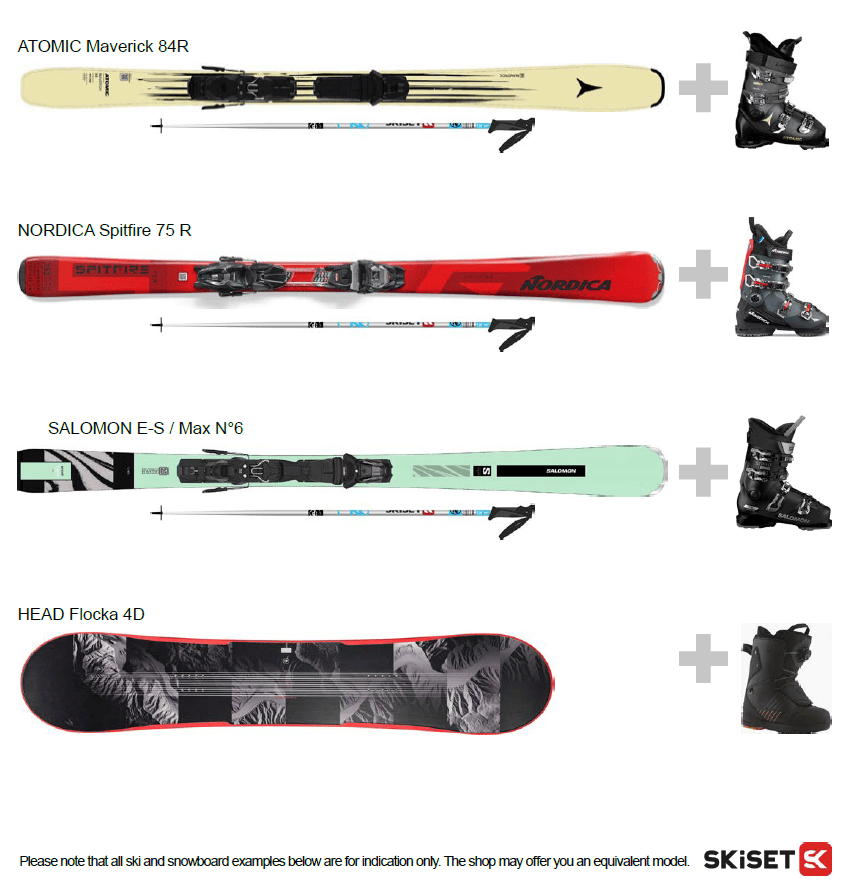An image of 3 pairs of skis and ski boots and a snowboard with boots from the SKiSET rental shop.