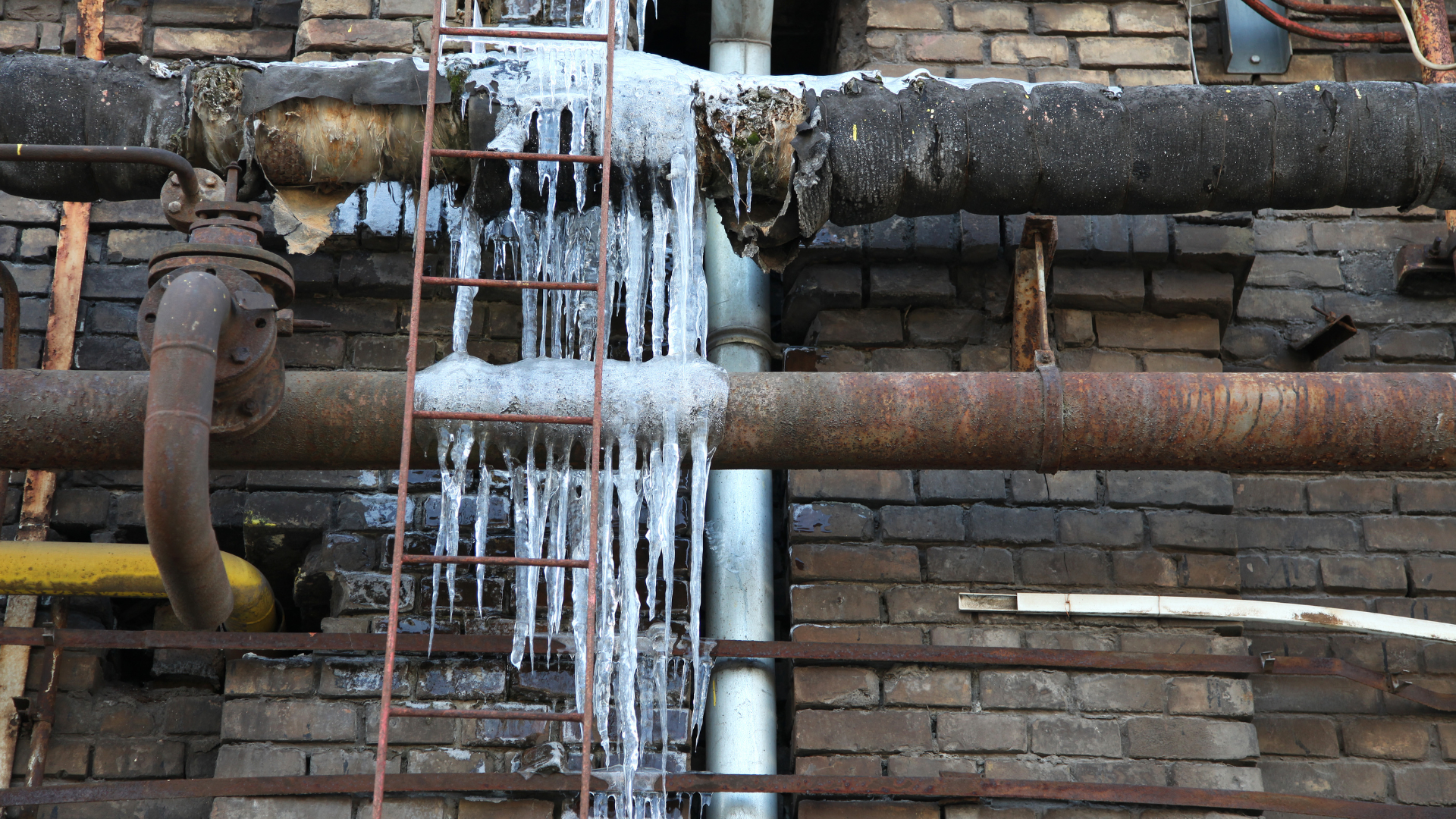 icicles are hanging from a pipe on a brick wall