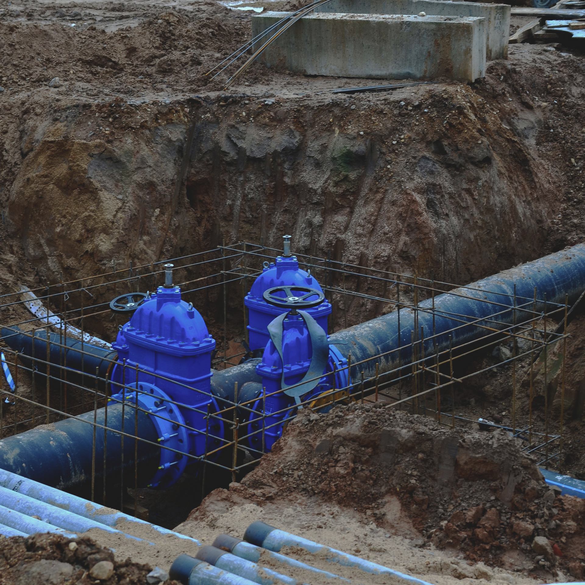 blue pipes are being installed in a hole in the ground