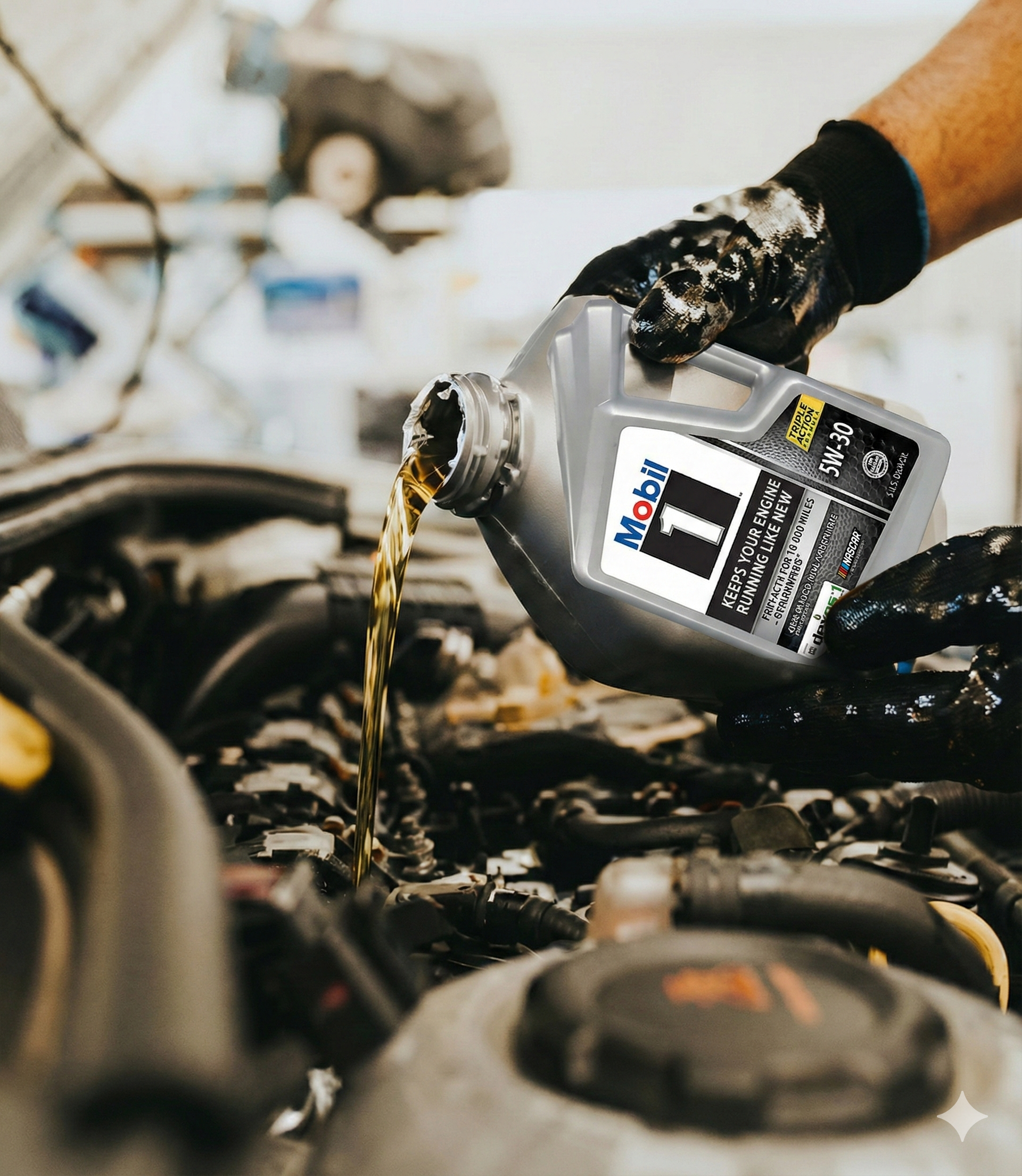 Person pouring oil into a car engine, wearing gloves, in a garage.