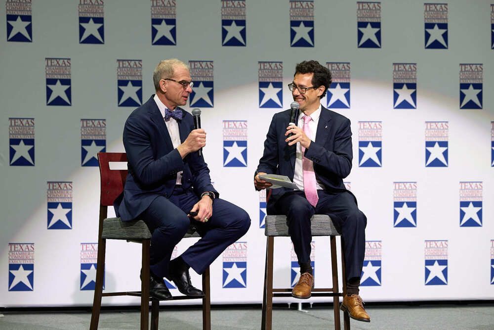 Pictures of two men in front of a step and repeat, having a conversation on stage during a conference.