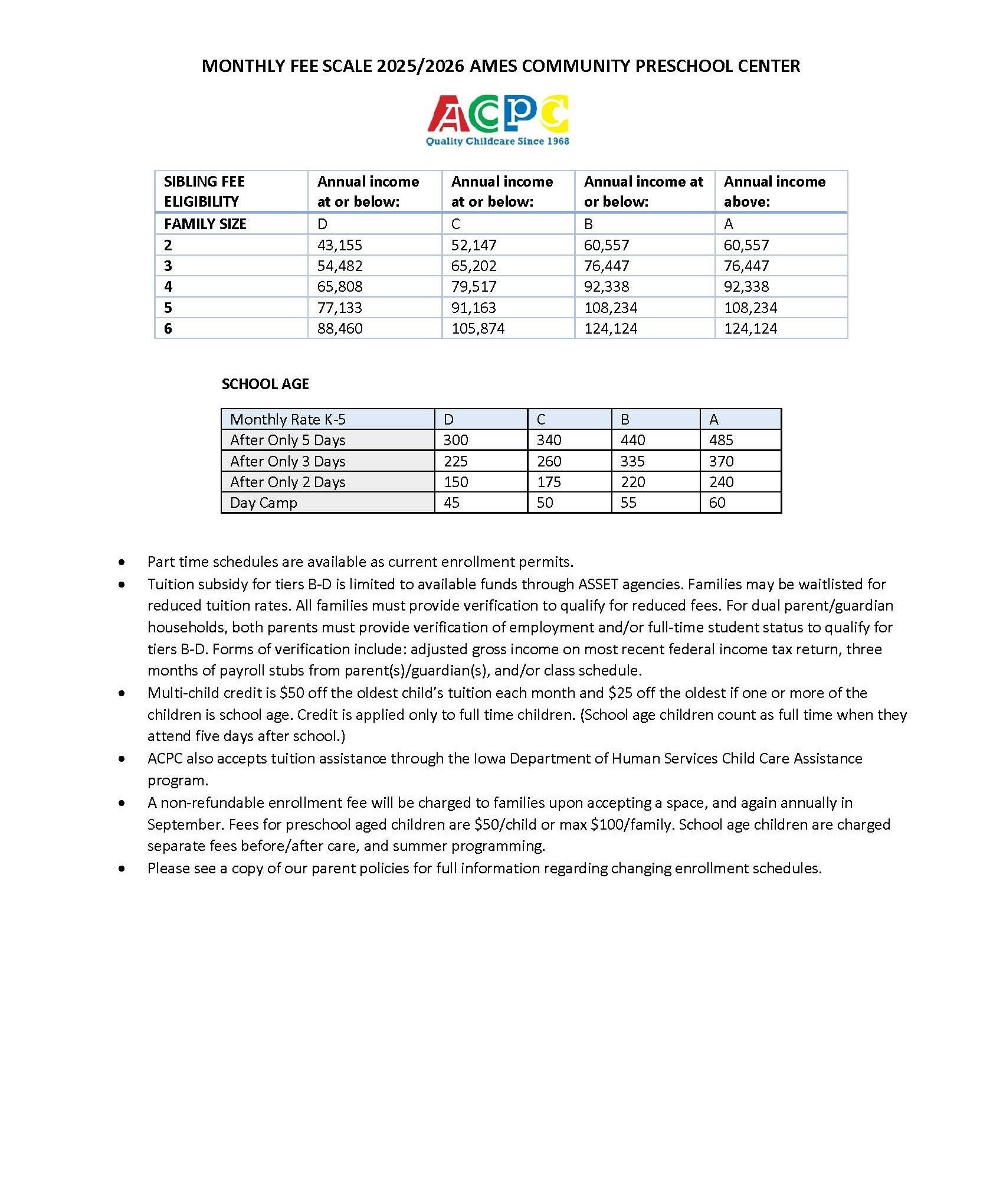 Monthly fee scale — Ames, IA — Ames Community Preschool Center (ACPC)